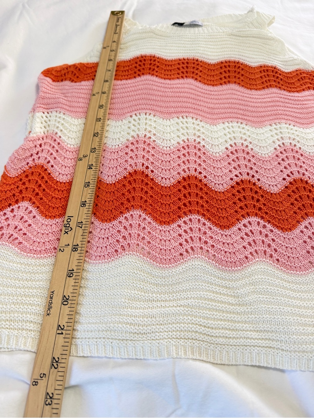 Miss Sparkling Crochet Knit Tank Top L Ivory Pink Coral Chevron Sleeveless Sweat - Picture 5 of 5